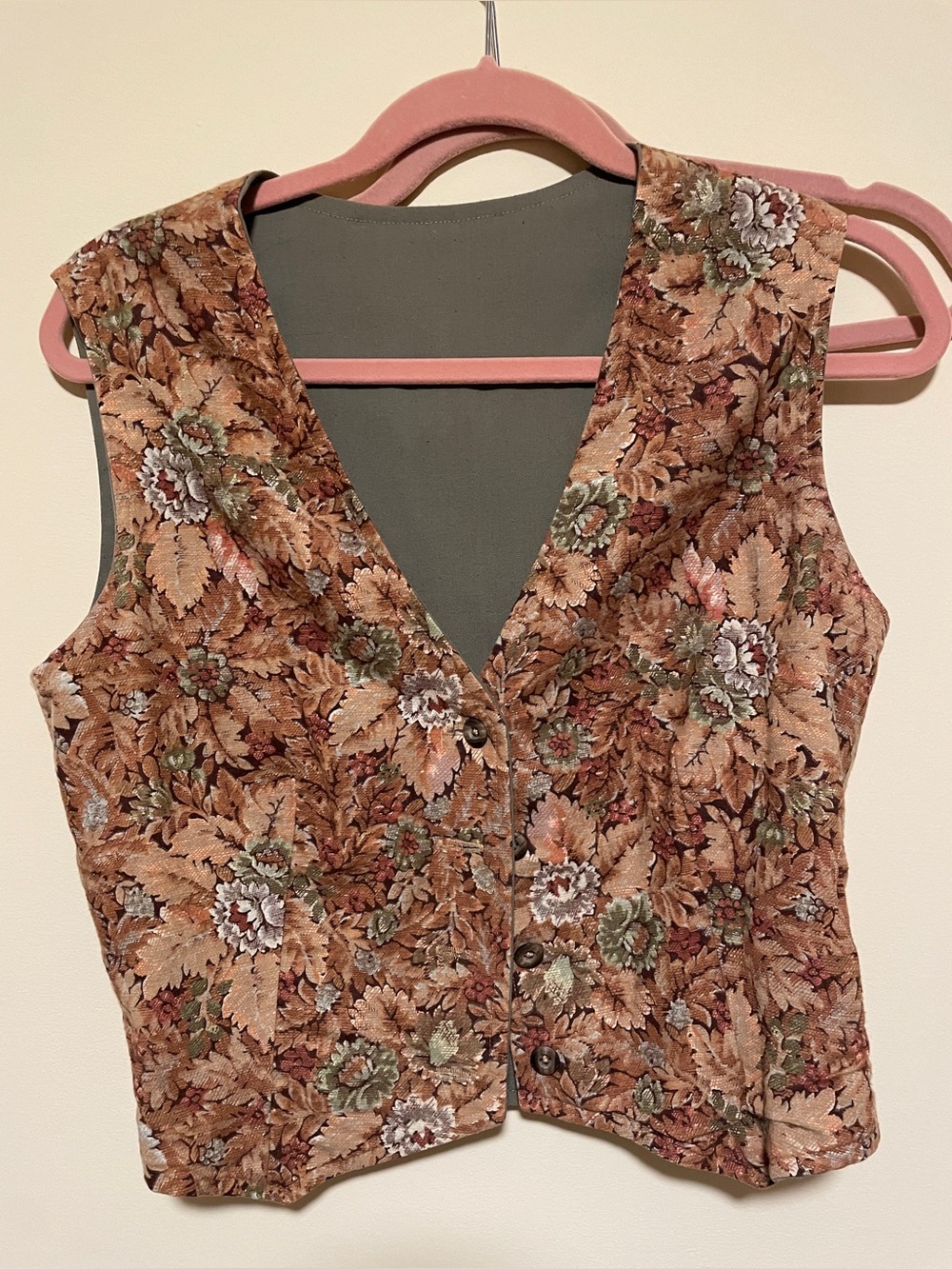 Floral Tapestry V-Neck Button Front Vest - taupe.